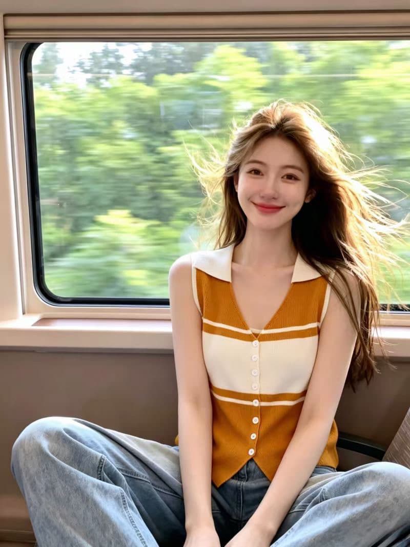 한 부서 뒤집다 V넥 배색 스트라이프 몸매 가꾸기 슬림해 보이는 니트 조끼 오픈 가디건 이미지 4