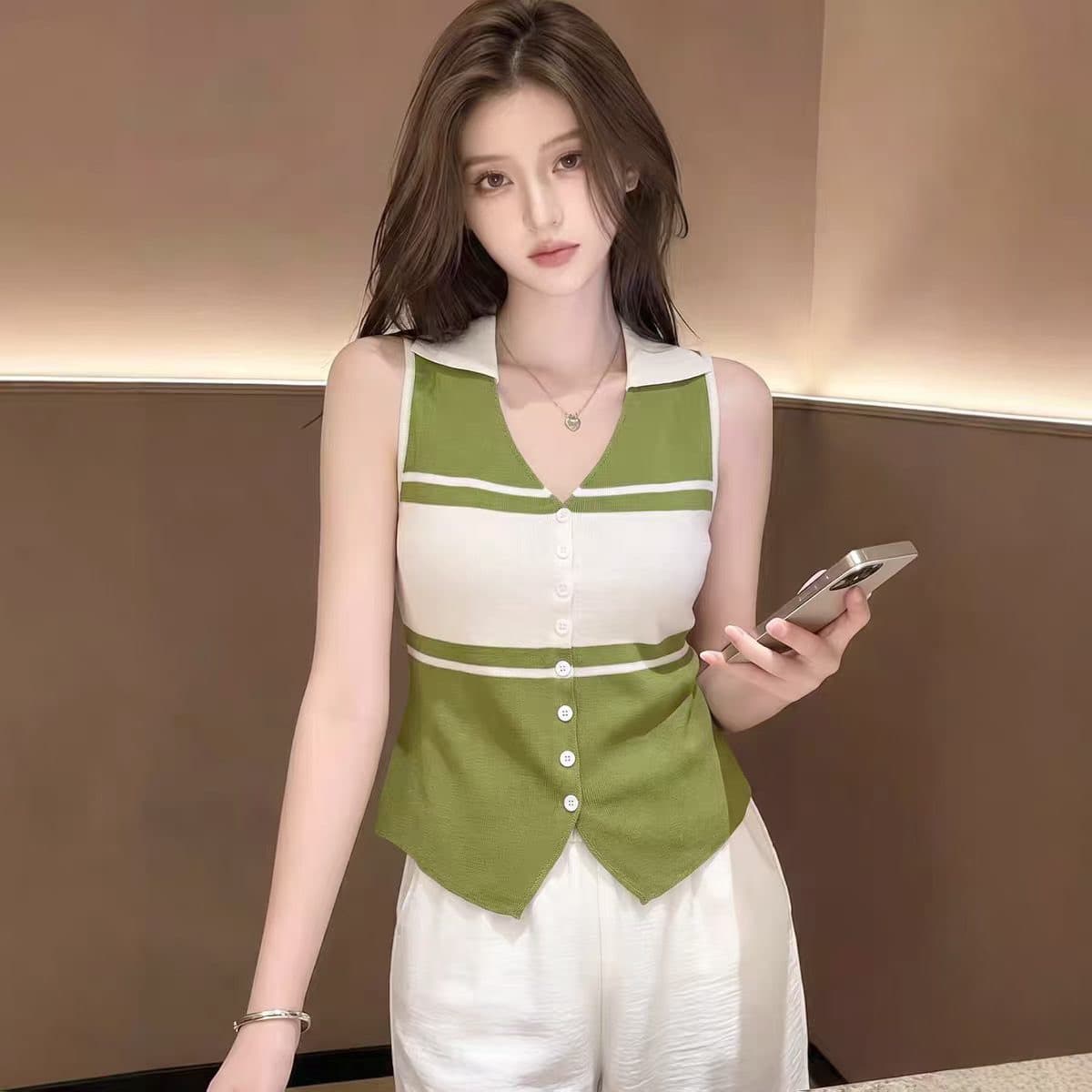 한 부서 뒤집다 V넥 배색 스트라이프 몸매 가꾸기 슬림해 보이는 니트 조끼 오픈 가디건 상세 이미지 1