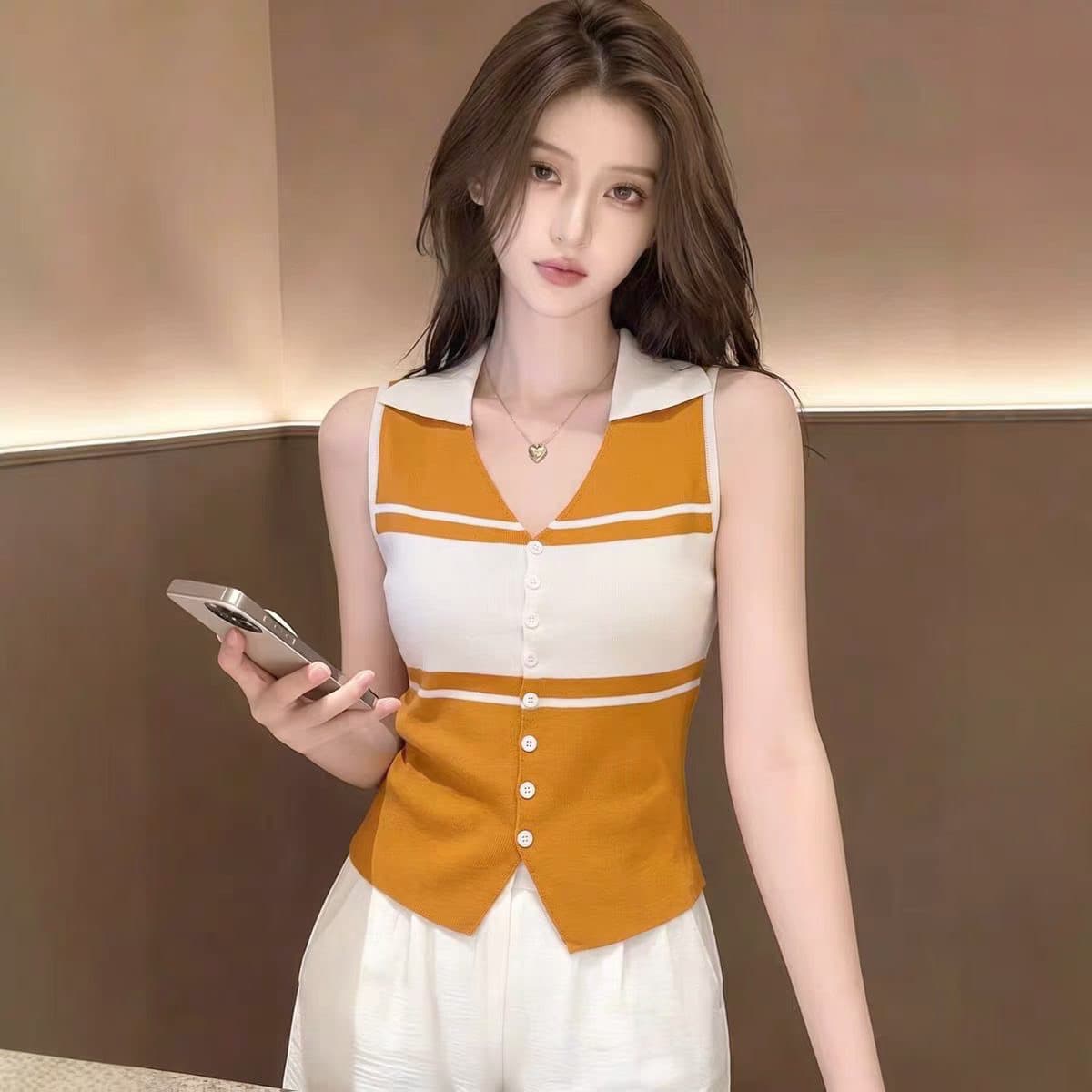 한 부서 뒤집다 V넥 배색 스트라이프 몸매 가꾸기 슬림해 보이는 니트 조끼 오픈 가디건 상세 이미지 5