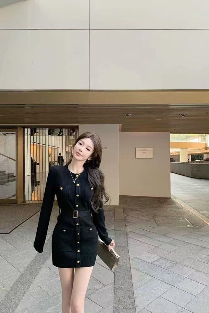 부유 한 가족 천 골드 작은 샤넬 스타일 회색 니트 여성 드레스 가을 겨울 작은 키 몸매 가꾸기 슬림해 보이는 만나는 타이트 스커트 미니 스커트 상세 이미지 6