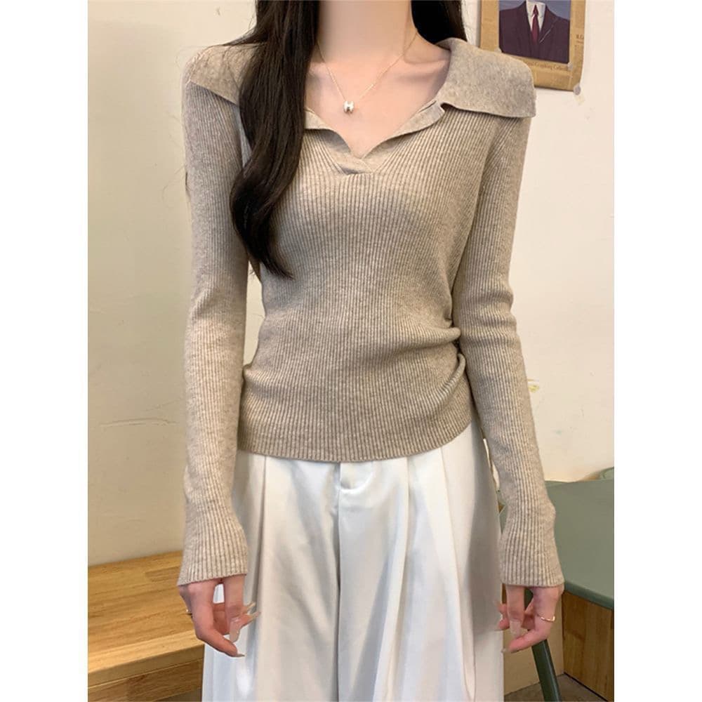 POLO 칼라 니트 스웨터 여성 봄 가을 몸매 가꾸기 인사이드 가져 가라. 고급 센스 펌프 로프 허리 수축 디자인 센스 스웨터 기본 셔츠 맨위 상세 이미지 1