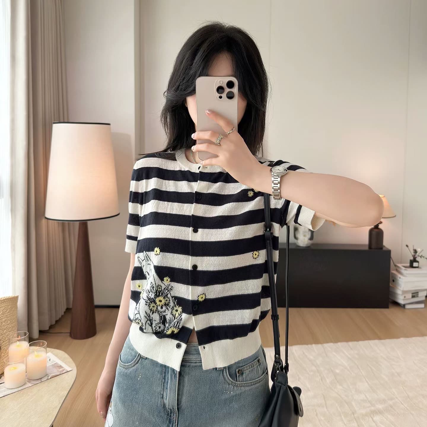 한 부서 스트라이프 라운드 넥 니트 오픈 가디건 여성 여름 섹션 패션 출퇴근 루즈핏 다용도 맨위 트렌디 상세 이미지 5