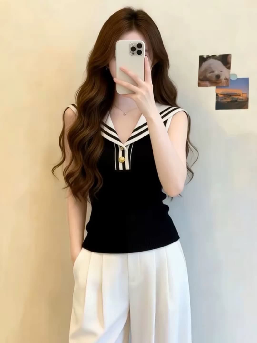 한 부서 학원 스타일 해군 칼라 민소매 니트 조끼 여성 여름 빅 사이즈 지방 mm 몸매 가꾸기 슬림해 보이는 슈퍼 잘 생긴 맨위