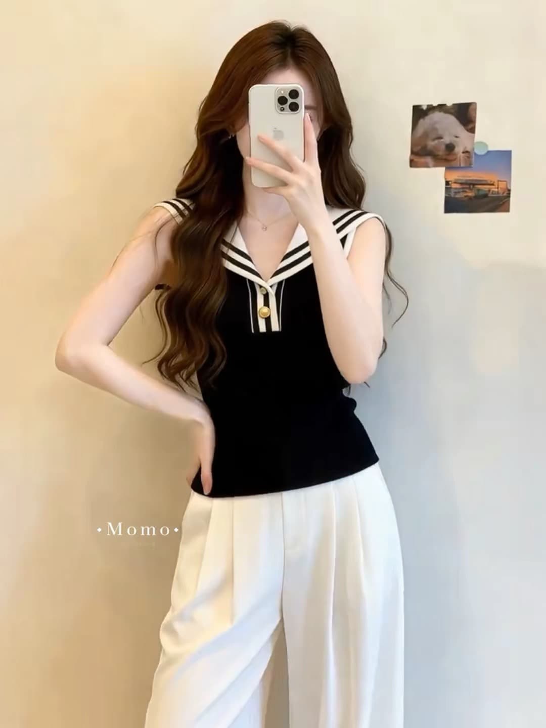 한 부서 학원 스타일 해군 칼라 민소매 니트 조끼 여성 여름 빅 사이즈 지방 mm 몸매 가꾸기 슬림해 보이는 슈퍼 잘 생긴 맨위 상세 이미지 2