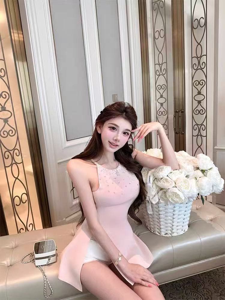 여름 순수한 욕망 바람 달콤함 천 골드 품격 무거운 작업 비즈 박기 허리 수축 니트 행침 목 슬립 측면 트임 맨위 여성 상세 이미지 2