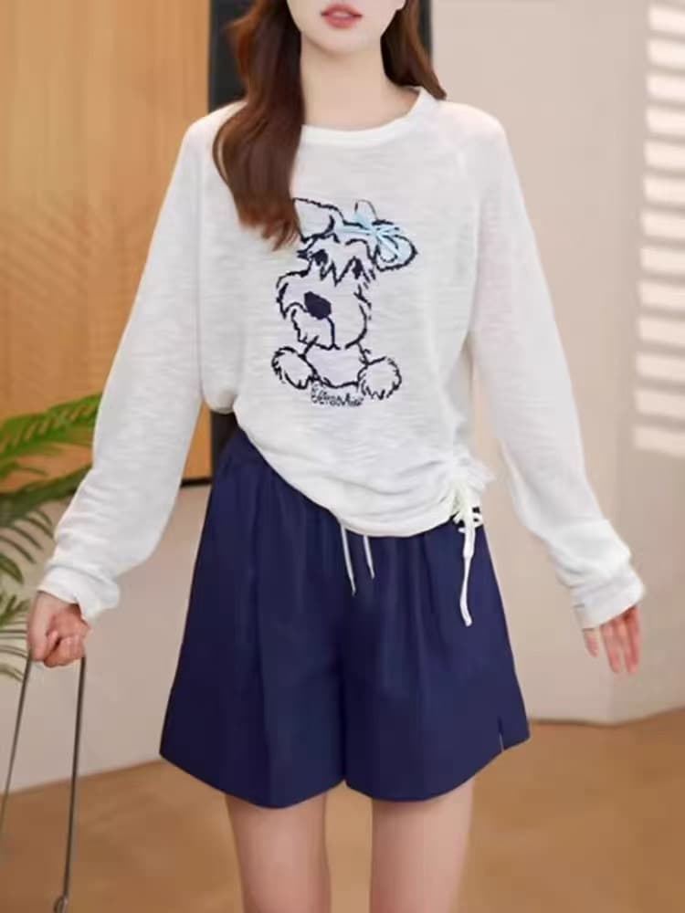 한국 스타일 강아지 프린트 긴팔 아마 얼음 실크 티셔츠 여성 봄 여름 화이트 측면 펌프 로프 루즈핏 니트 블라우스 자외선 차단 이미지 2