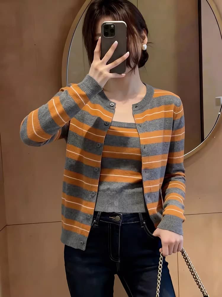 2026 가을 한 부서 주황색 스트라이프 스택 착용 니트 카디건 코트 외부 가져 가라. 두 조각 스타일 맨위 상세 이미지 3