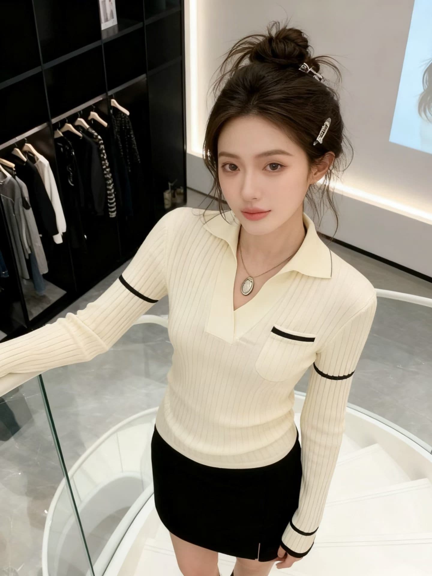 배색 긴팔 POLO 칼라 니트 스웨터 여성 2026 가을 새로운 몸매 가꾸기 슬림해 보이는 스웨터 기본 셔츠 인사이드 잡아라. 의류 이미지 2