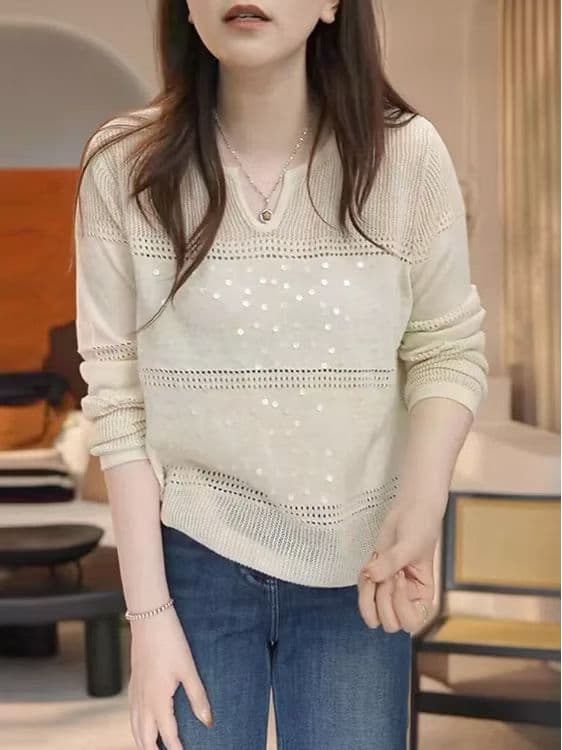 고급 센스 무거운 작업 스팽글 홀로우 아웃 긴팔 니트 스웨터 여성 가을 새로운 V넥 단색 루즈핏 슬림해 보이는 맨위 이미지 3