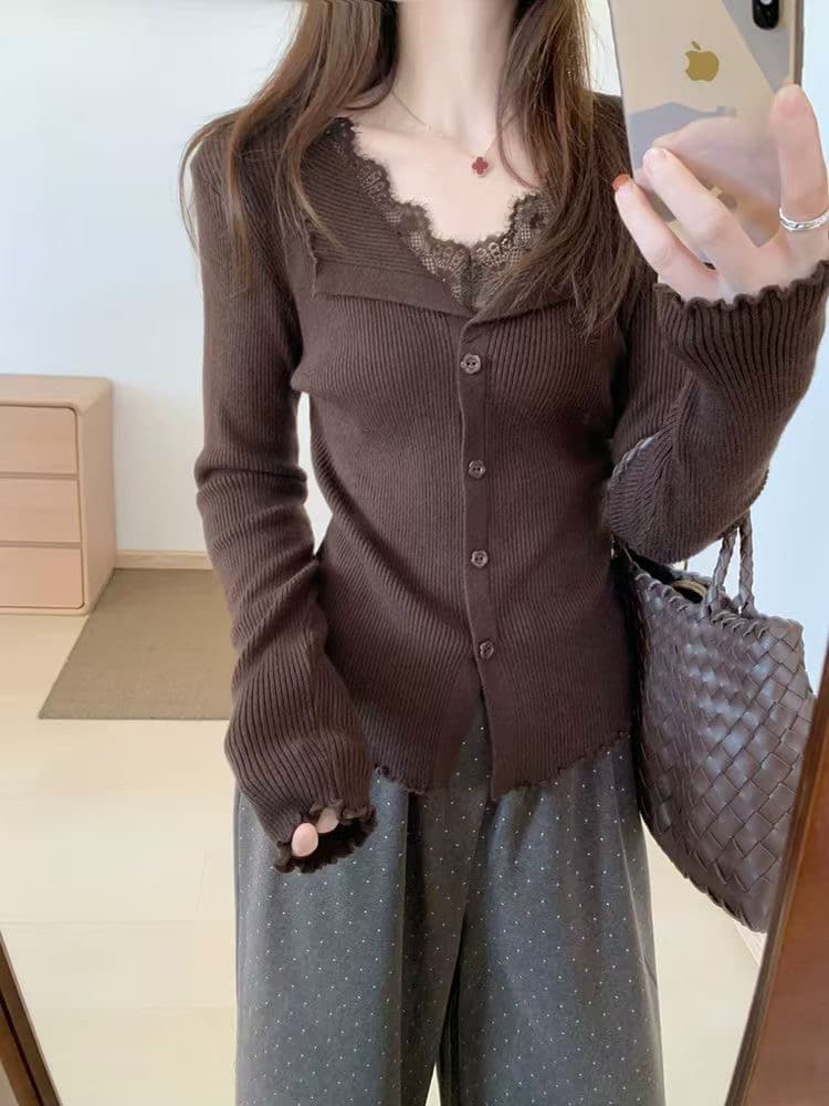 이른 봄 한 부서 레이스 페이크 레이어드 긴팔 니트 기본 셔츠 여성 스웨터 짧은 외투 봄 가을 품격 다용도 맨위 상세 이미지 4