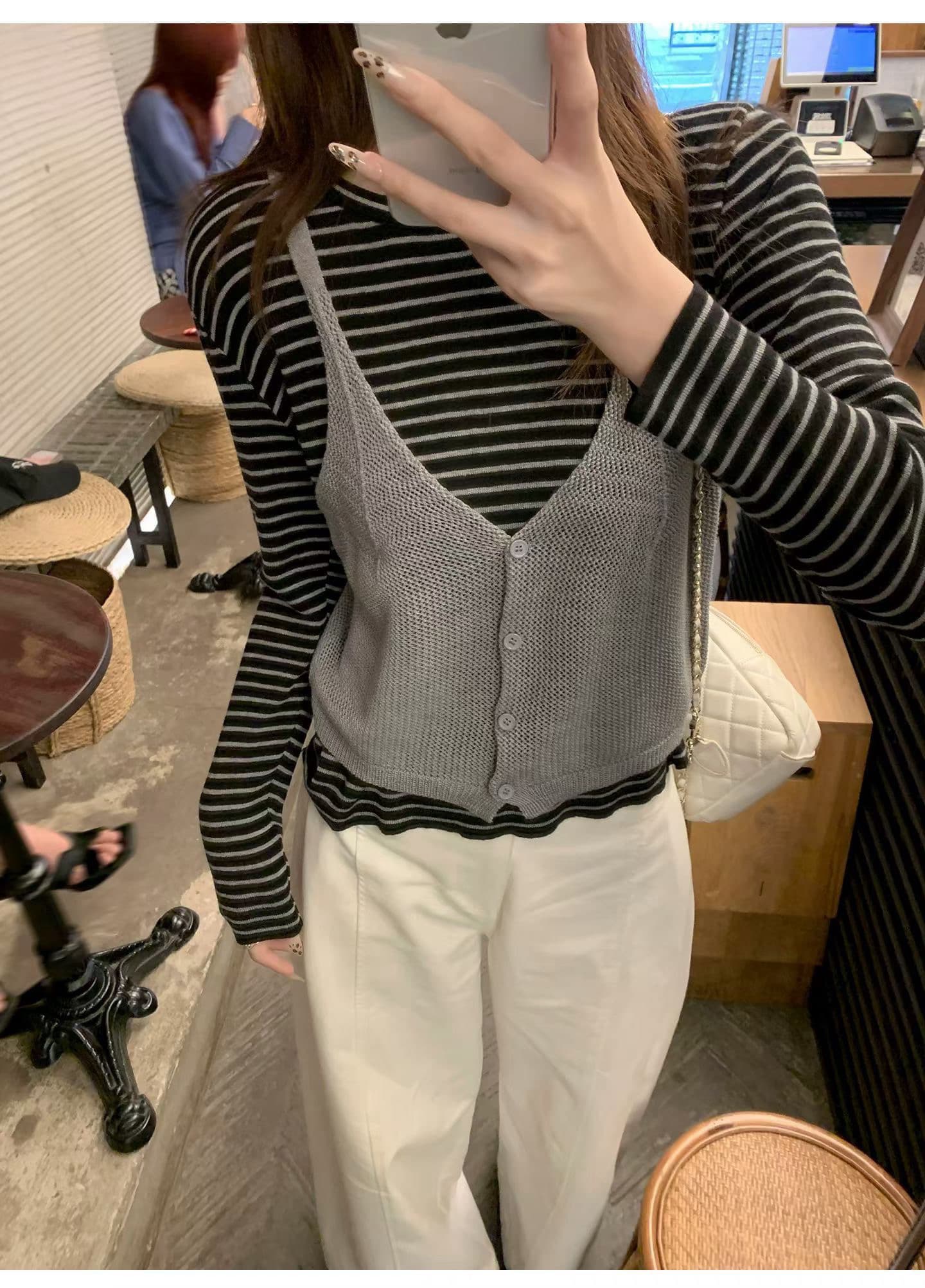 가을 새로운 한 부서 루즈핏 슬림해 보이는 패션 스트라이프 니트 스웨터 슬립 투피스 세트 여성 셔츠 6 양모 상세 이미지 3