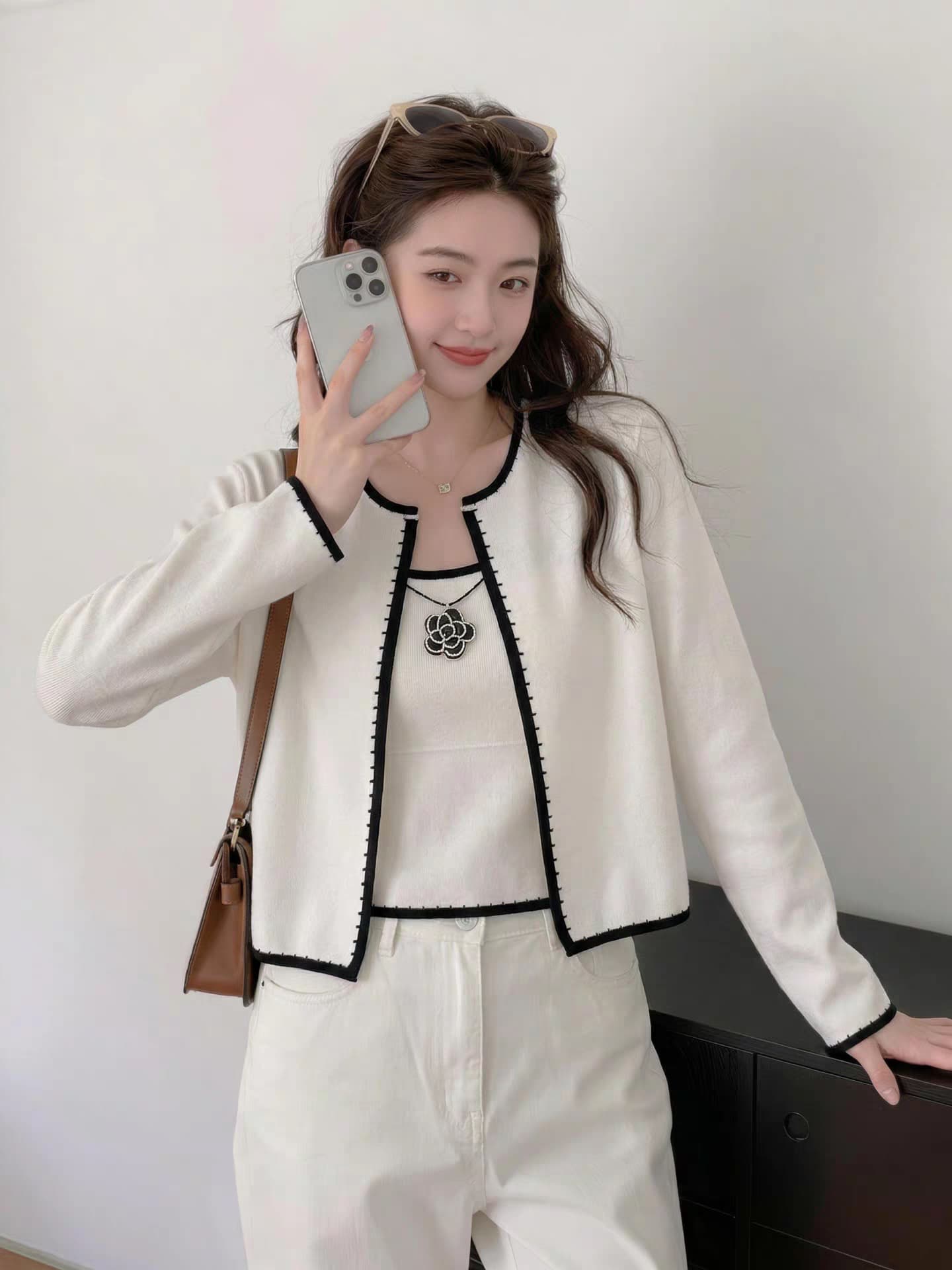 동백 나무 작은 샤넬 스타일 재킷 니트 캐미솔 가을 의상 새로운 비즈 박기 명시적 스티치 장식 배색 투피스 세트