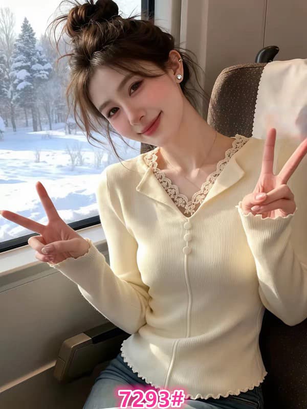달콤한 스타일 레이스 조각 V넥 프릴 니트 스웨터 여성 봄 가을 새로운 슬림해 보이는 기본 셔츠 디자인 센스 맨위 상세 이미지 1