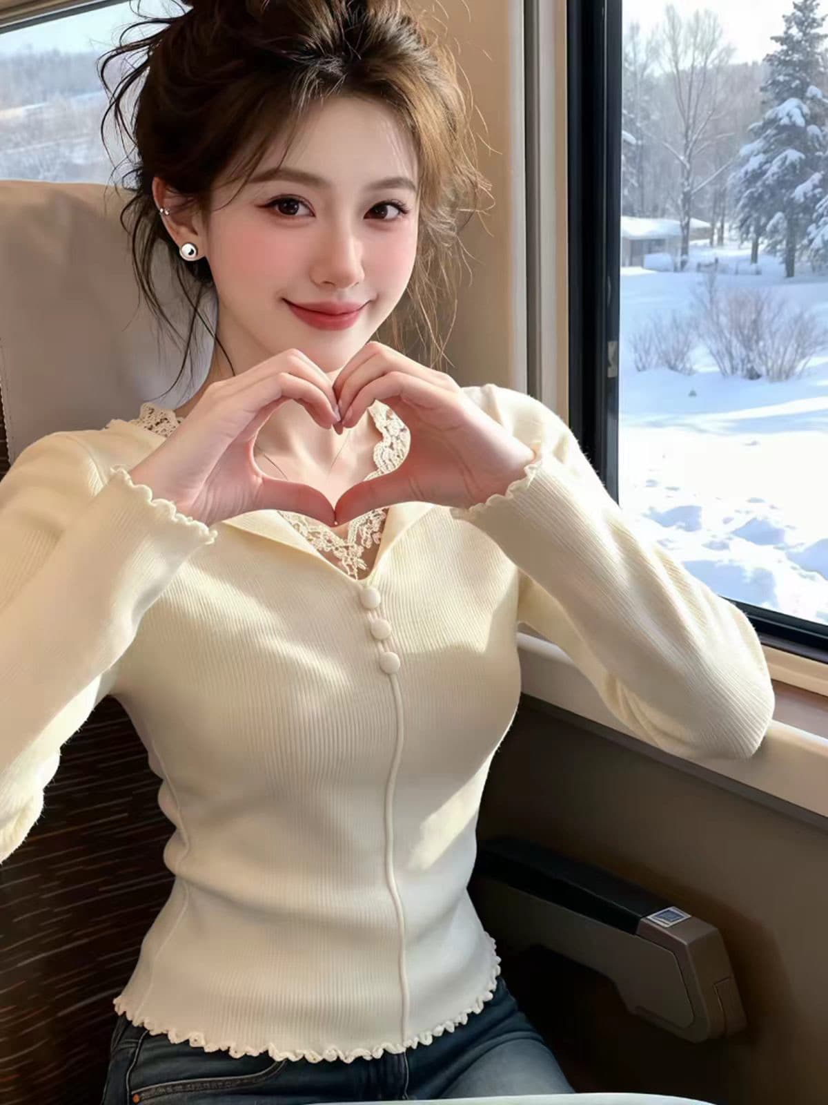 달콤한 스타일 레이스 조각 V넥 프릴 니트 스웨터 여성 봄 가을 새로운 슬림해 보이는 기본 셔츠 디자인 센스 맨위 상세 이미지 4