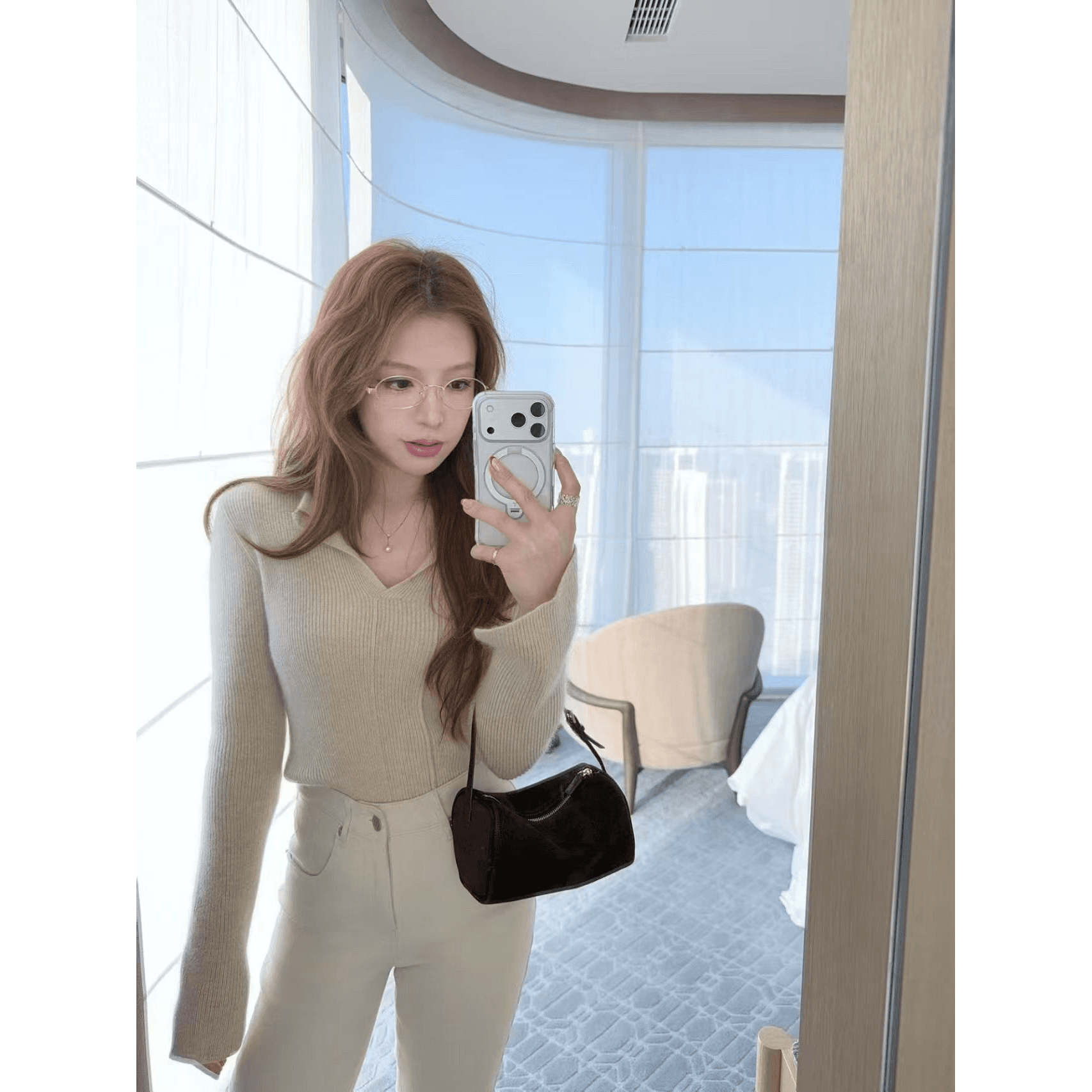 고급 센스 폴로 칼라 V넥 긴팔 맨위 여성 몸매 가꾸기 허리 수축 슬림해 보이는 품격 다용도 출퇴근 패션 인사이드 가져 가라. 만나는 이미지 5
