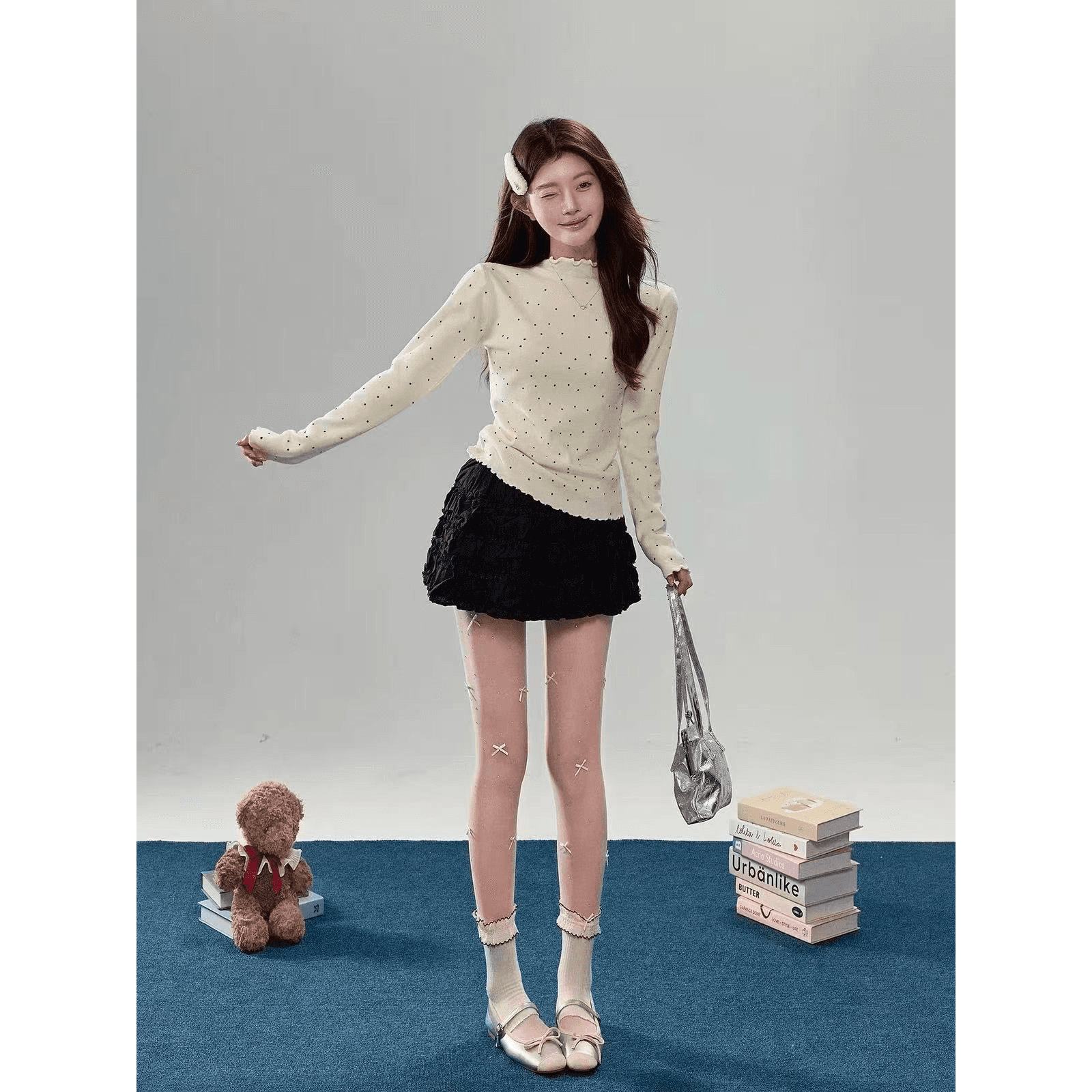 작은 샤넬 스타일 인사이드 가져 가라. 도트 무늬 니트 스웨터 여성 가을 겨울 쇼트 스타일 몸매 가꾸기 스웨터 만나는 프릴 긴팔 맨위 이미지 5