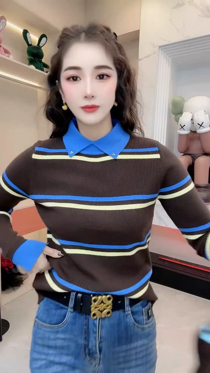 배색 스트라이프 페이크 레이어드 몸매 가꾸기 허리 수축 만나는 인사이드 가져 가라. 긴팔 티셔츠 여성 봄 2026 슈퍼 화재 연령 감소 맨위 이미지 2