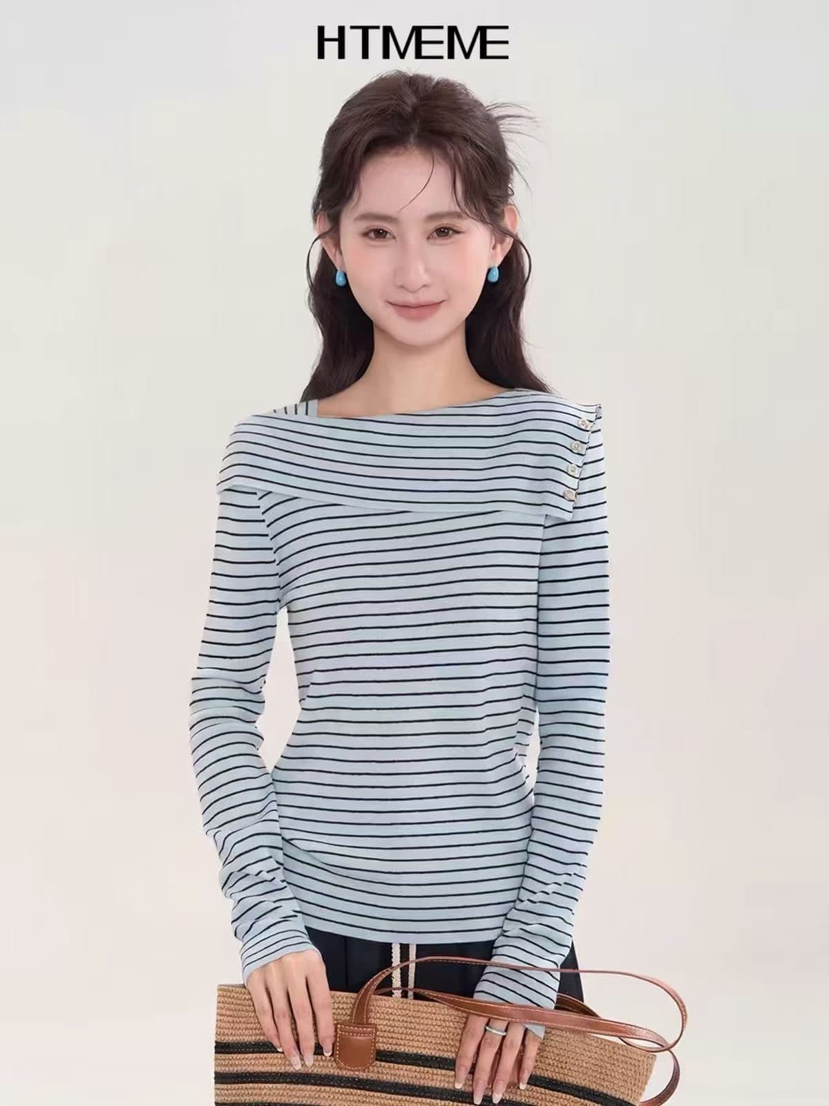 스트라이프 프릴 한 단어 비스듬한 칼라 오프숄더 긴팔 니트 스웨터 여성 봄 주름 몸매 가꾸기 다용도 예쁜 스웨터 맨위 상세 이미지 4
