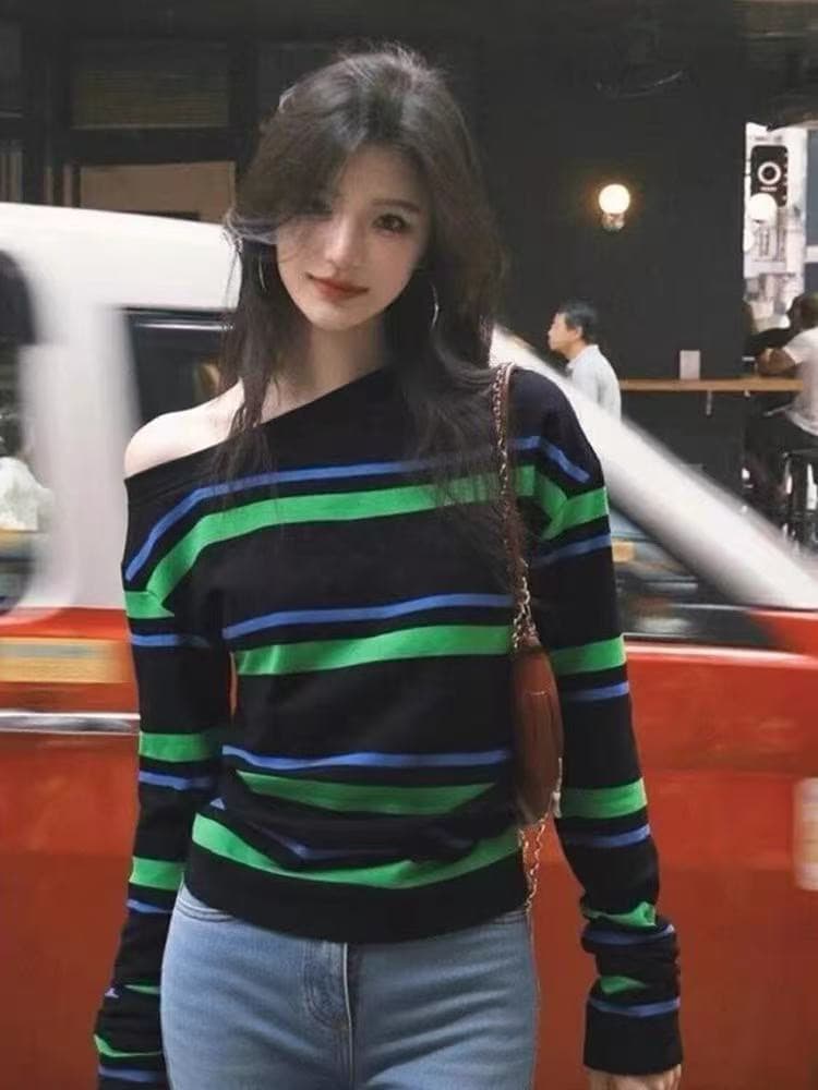한 부서 비스듬한 어깨 스트라이프 티셔츠 여성 봄 가을 느긋한 바람 느슨함 센스 작은 대중 아니요 명중 섹션 고유 한 슈퍼 잘 생긴 맨위 상세 이미지 4
