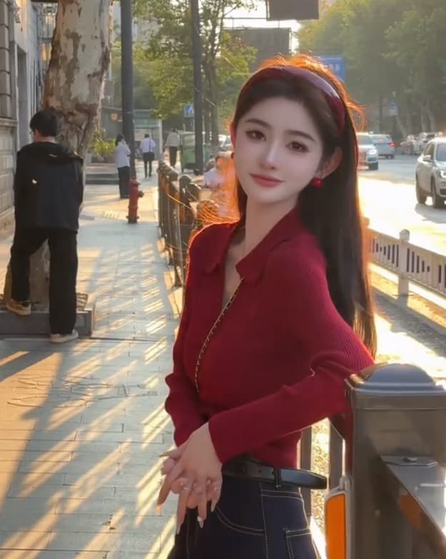 가을 프랑스식 레트로 빨간색 긴팔 니트 스웨터 외국 가스 고유 한 Chic 디자인 몸매 가꾸기 짧은 맨위 여성 이미지 4