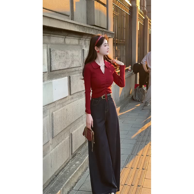 가을 프랑스식 레트로 빨간색 긴팔 니트 스웨터 외국 가스 고유 한 Chic 디자인 몸매 가꾸기 짧은 맨위 여성 상세 이미지 2