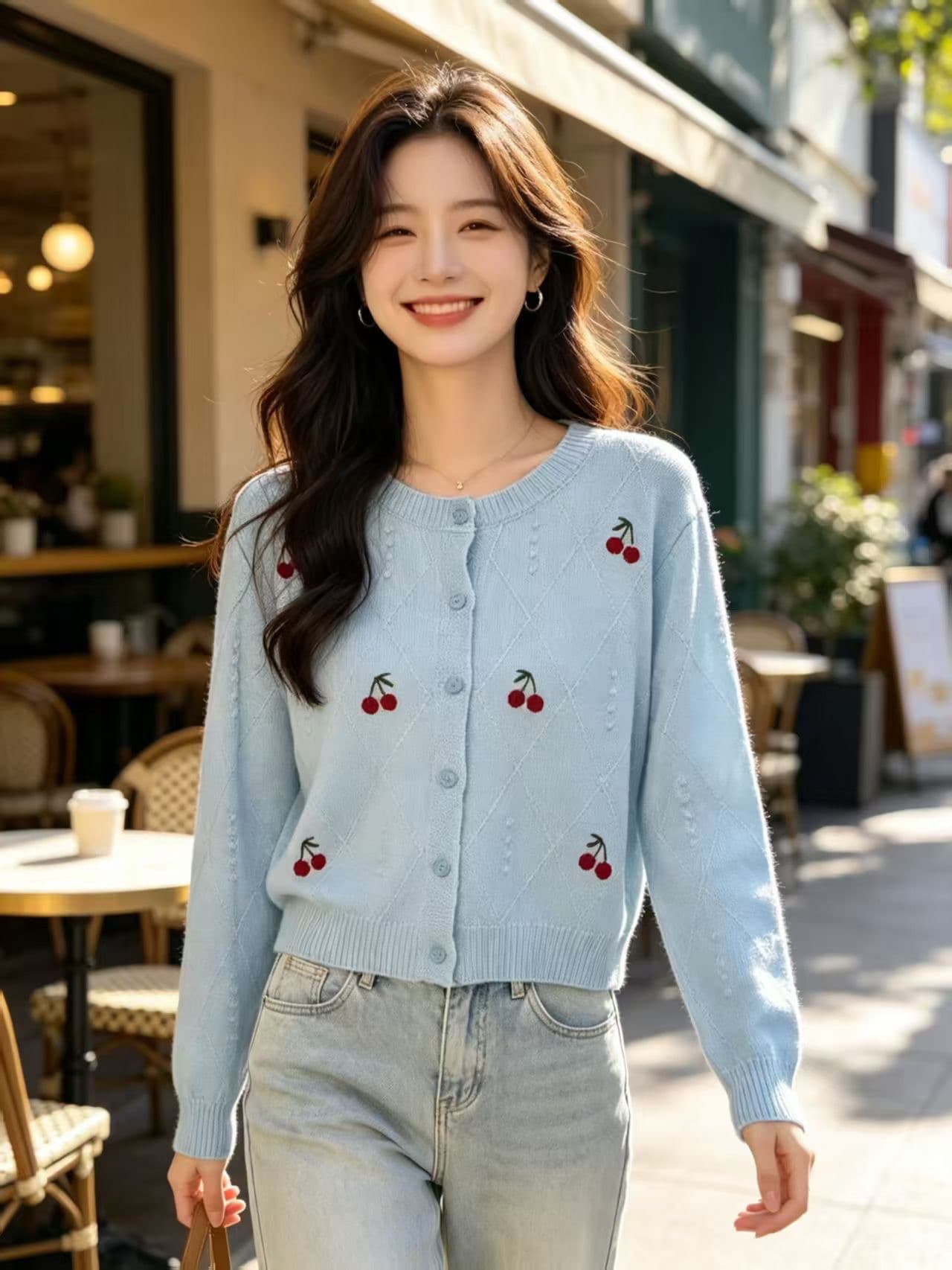 한 부서 달콤함 부드러운 바람 라운드 넥 오픈 가디건 스웨터 여자 가을 겨울 디자인 센스 3 차원 체리 자수 니트 스웨터 맨위