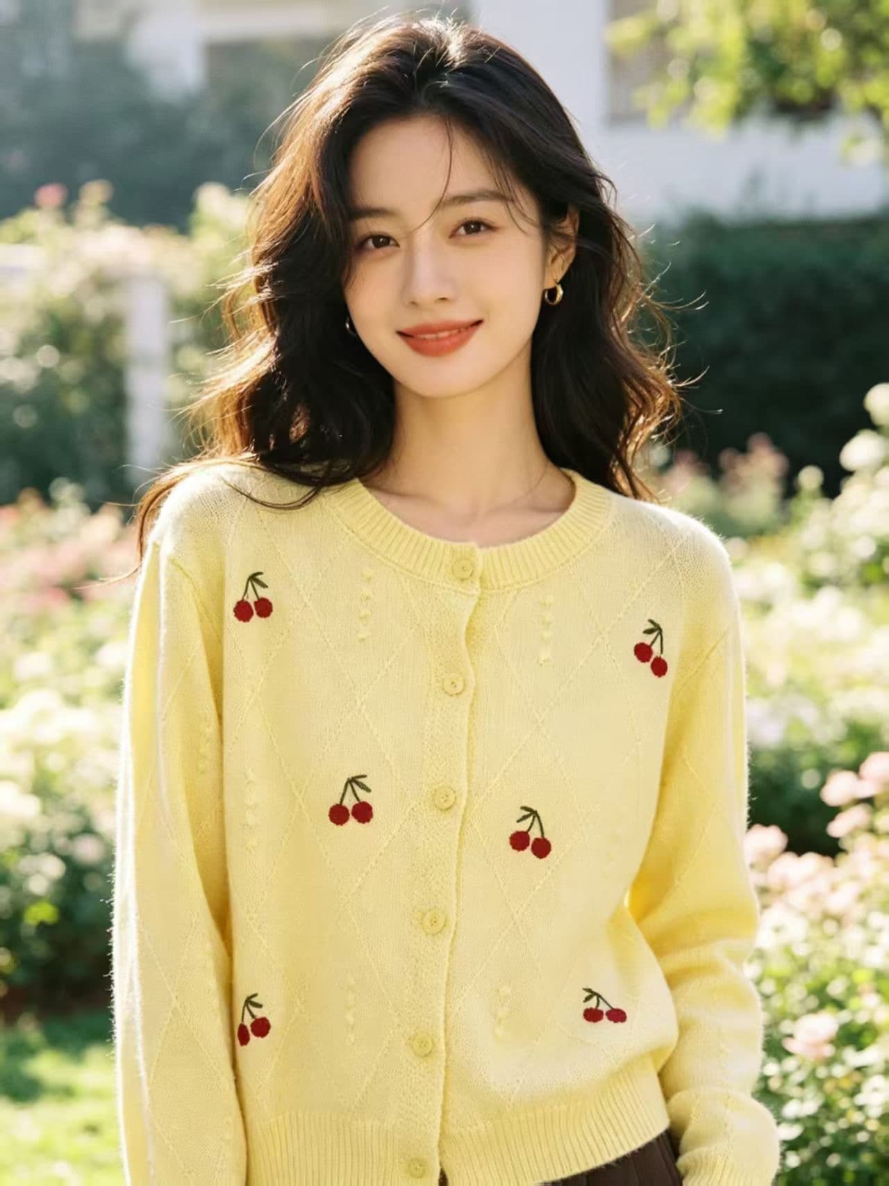 한 부서 달콤함 부드러운 바람 라운드 넥 오픈 가디건 스웨터 여자 가을 겨울 디자인 센스 3 차원 체리 자수 니트 스웨터 맨위 이미지 2