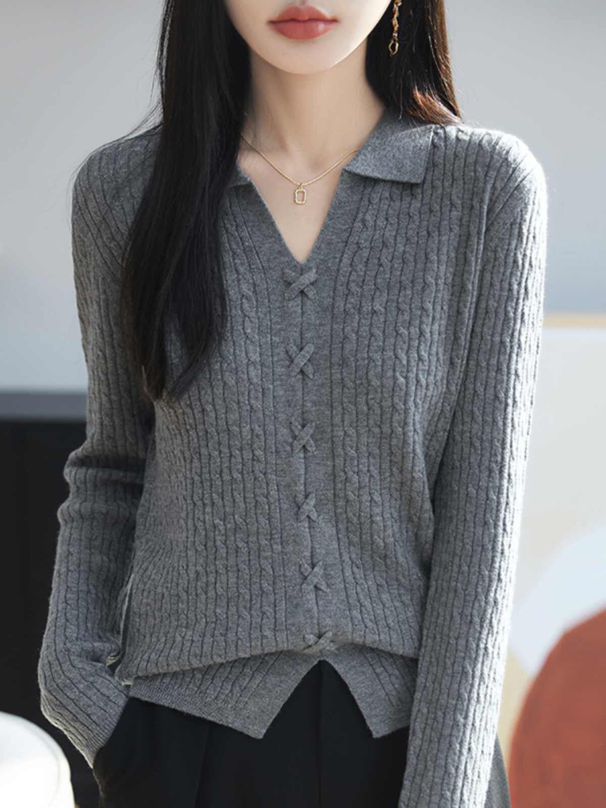 polo 폴로 칼라 카디건 긴팔 트위스트 꽃 레트로 스웨터 여자 루즈핏 슬림해 보이는 카디건 단색 니트 기본 셔츠 상세 이미지 1