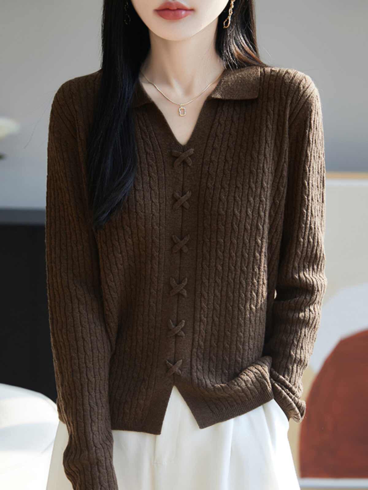 polo 폴로 칼라 카디건 긴팔 트위스트 꽃 레트로 스웨터 여자 루즈핏 슬림해 보이는 카디건 단색 니트 기본 셔츠 상세 이미지 2