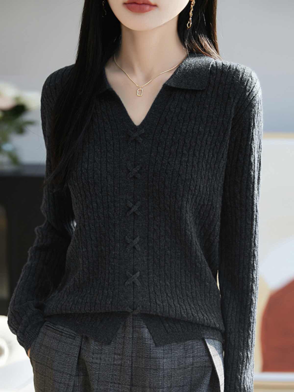 polo 폴로 칼라 카디건 긴팔 트위스트 꽃 레트로 스웨터 여자 루즈핏 슬림해 보이는 카디건 단색 니트 기본 셔츠 상세 이미지 3