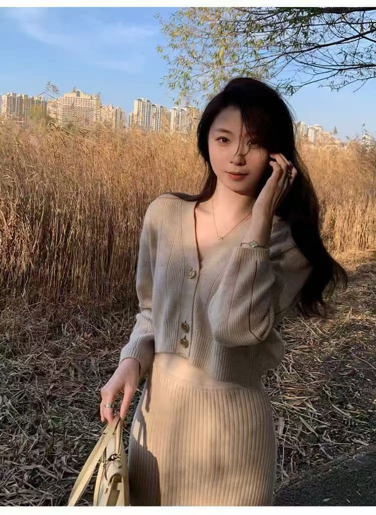 2026 폭발 향기로운 부드러운 니트 V넥 니트 오픈 가디건 반신 롱 스커트 세트 투피스 세트 상세 이미지 7