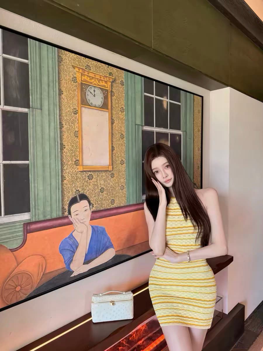 한 비 지아 c lt gaia erina 시리즈 황색 스트라이프 행침 목 백리스 허리 수축 타이트 스커트 니트 드레스 상세 이미지 2