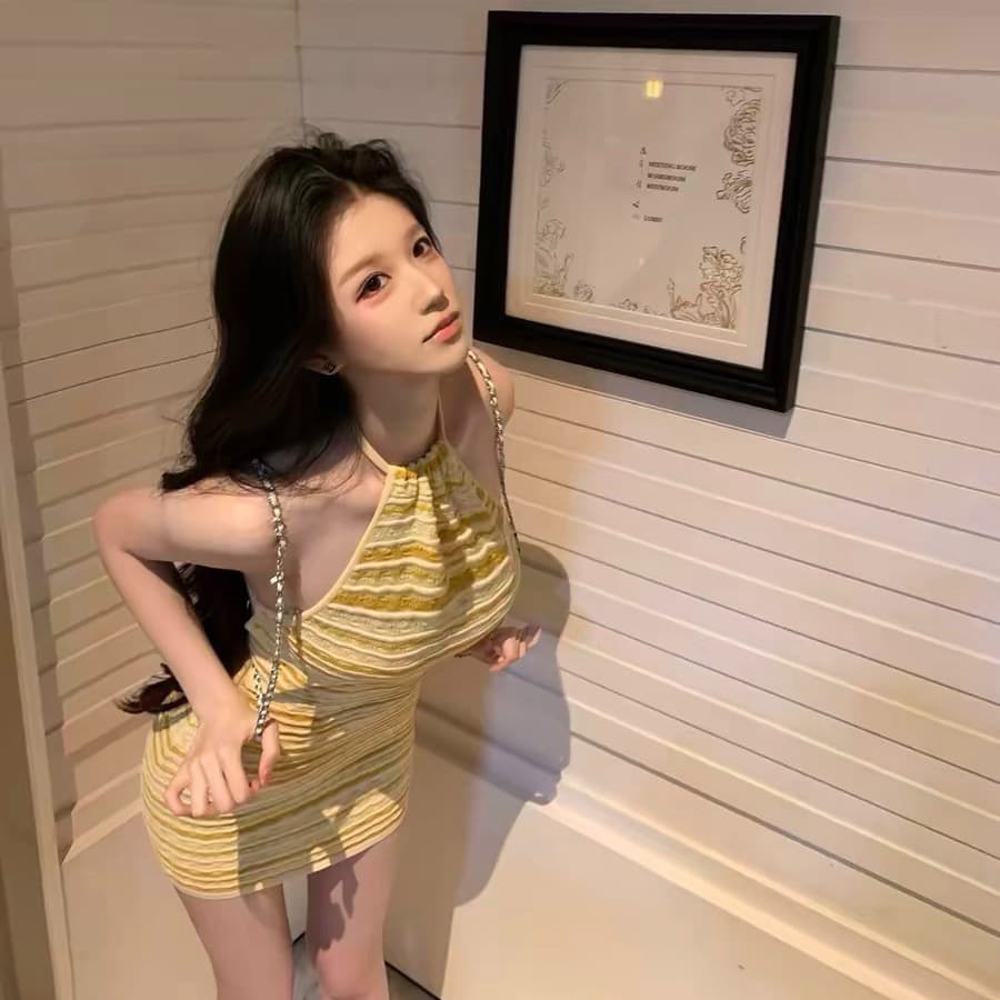 한 비 지아 c lt gaia erina 시리즈 황색 스트라이프 행침 목 백리스 허리 수축 타이트 스커트 니트 드레스 상세 이미지 5