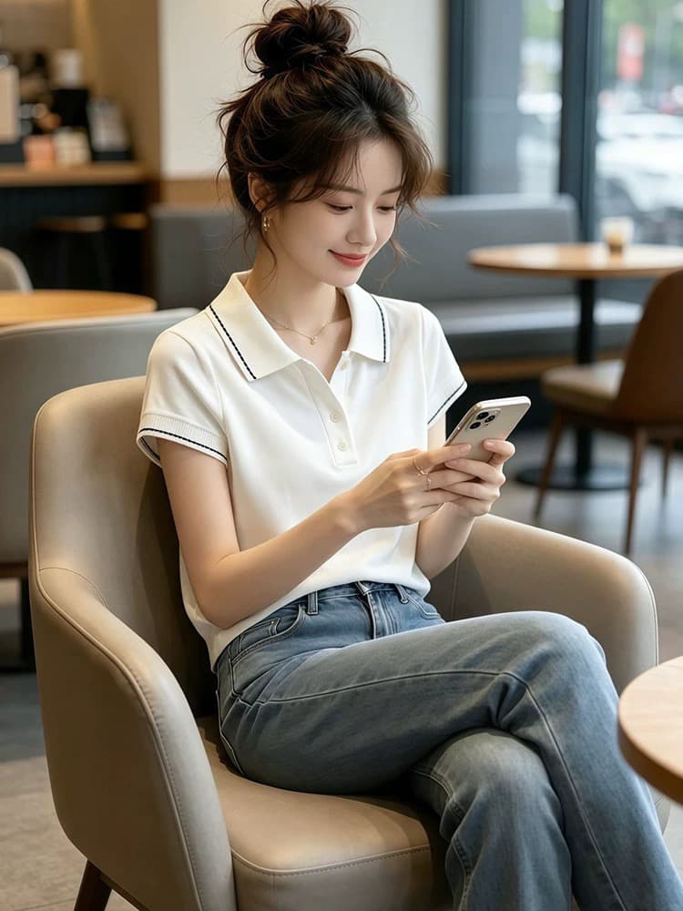 올해 인기 ~ 중 폭발 여성 의류 여름 2026 새로운 POLO 칼라 품격 몸매 가꾸기 슬림해 보이는 반팔 티셔츠 맨위 이미지 3