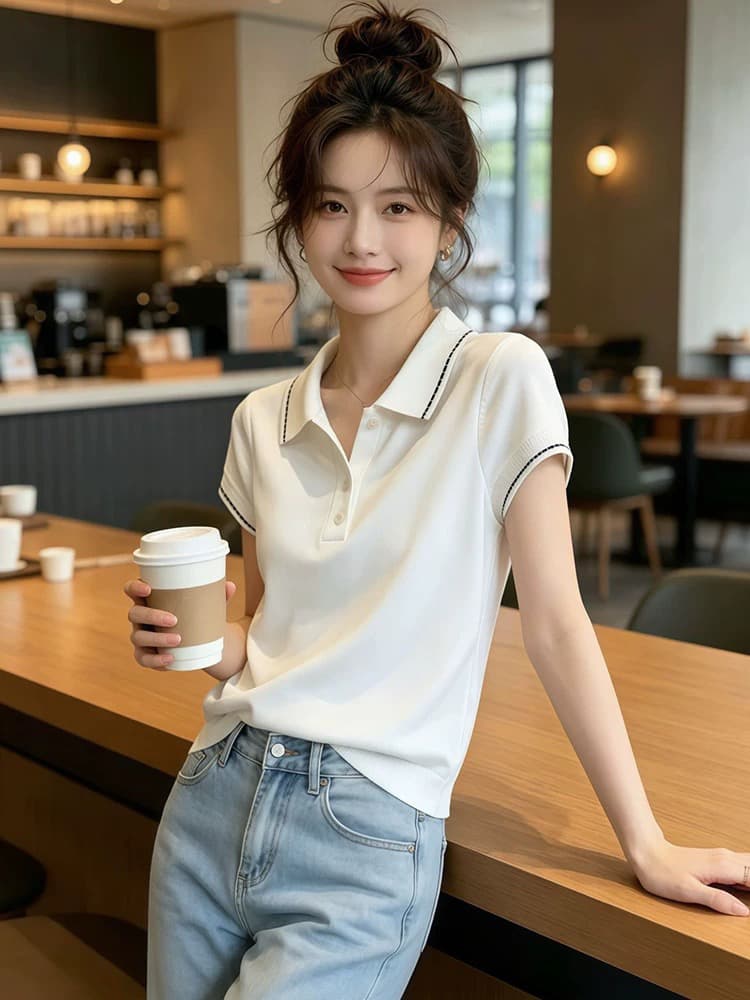 올해 인기 ~ 중 폭발 여성 의류 여름 2026 새로운 POLO 칼라 품격 몸매 가꾸기 슬림해 보이는 반팔 티셔츠 맨위 상세 이미지 2