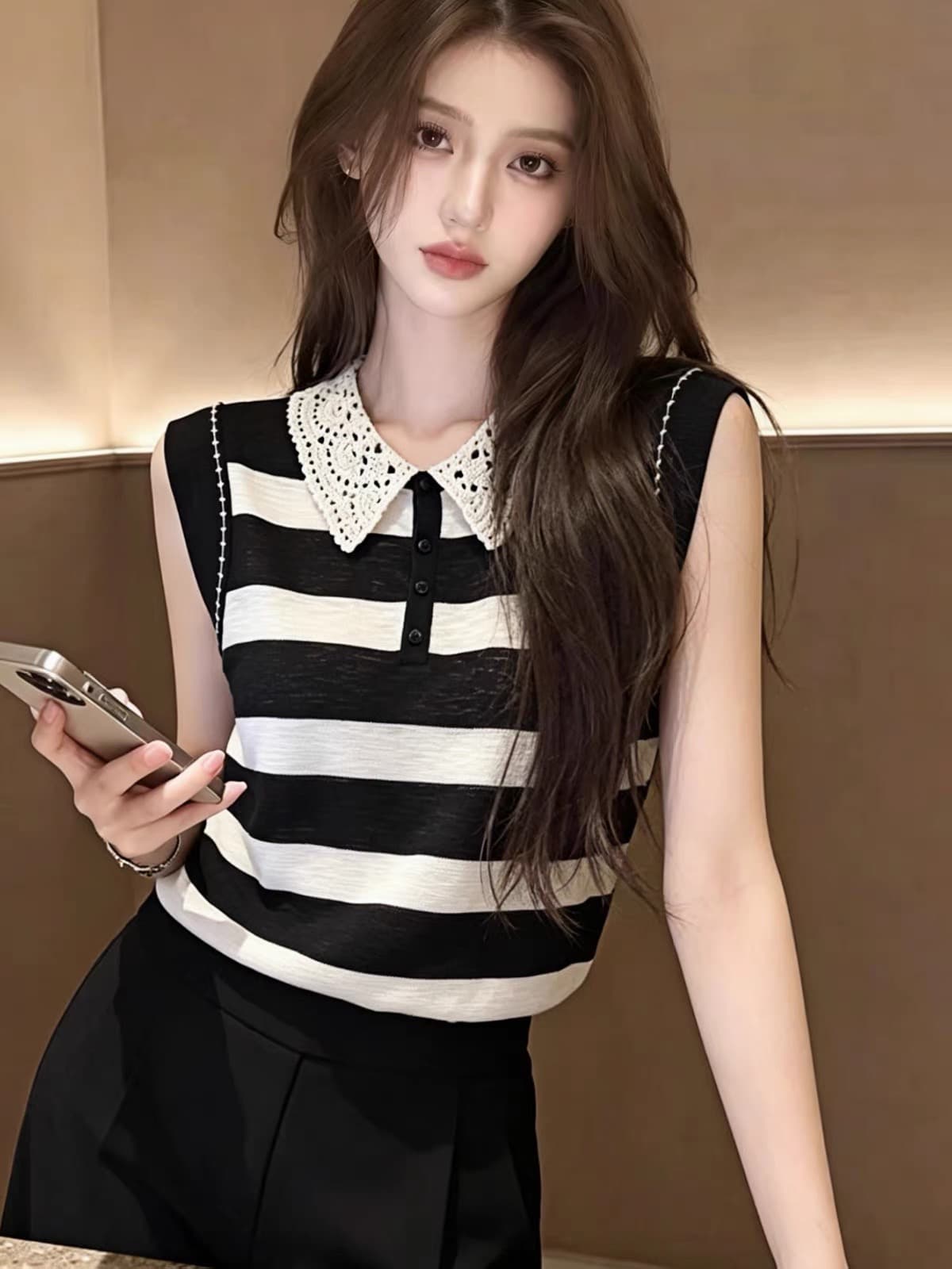 한국 스타일 베이비 칼라 스트라이프 민소매 고급 센스 여성 얇은 스타일 패치워크 색상 기본 셔츠 다용도 연령 감소 맨위 2026 여름 이미지 4
