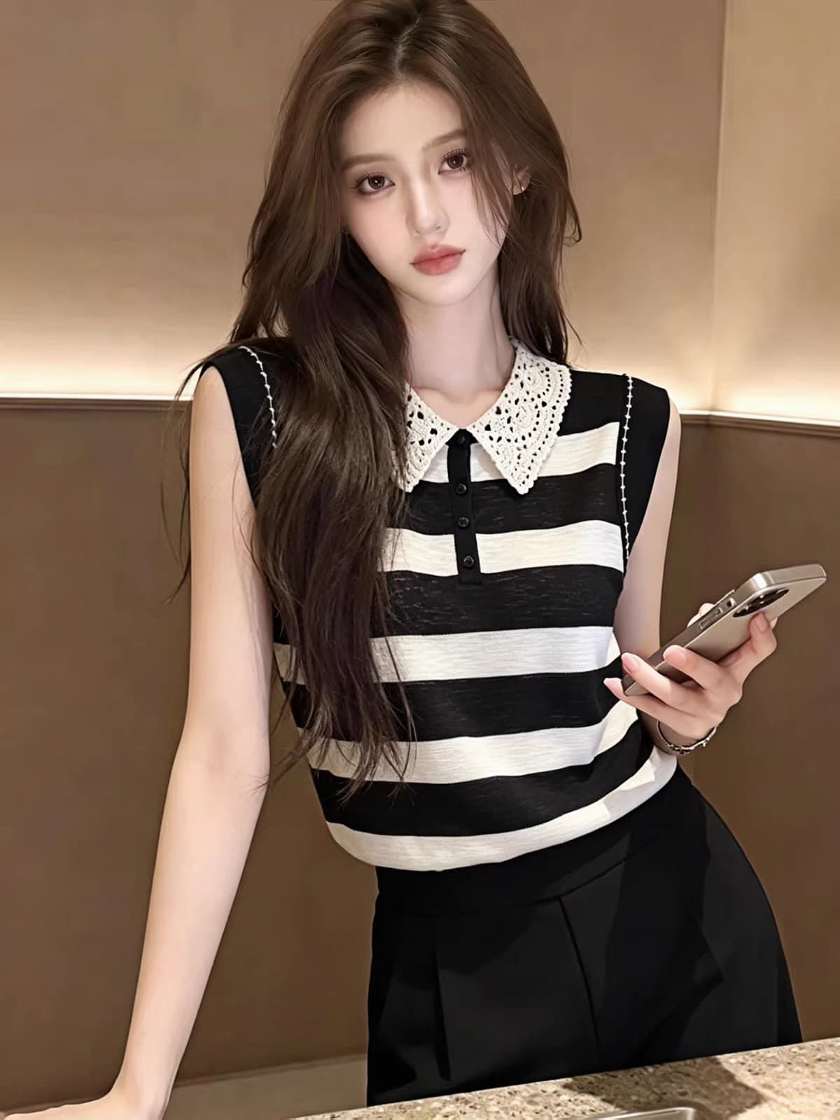 한국 스타일 베이비 칼라 스트라이프 민소매 고급 센스 여성 얇은 스타일 패치워크 색상 기본 셔츠 다용도 연령 감소 맨위 2026 여름 상세 이미지 1