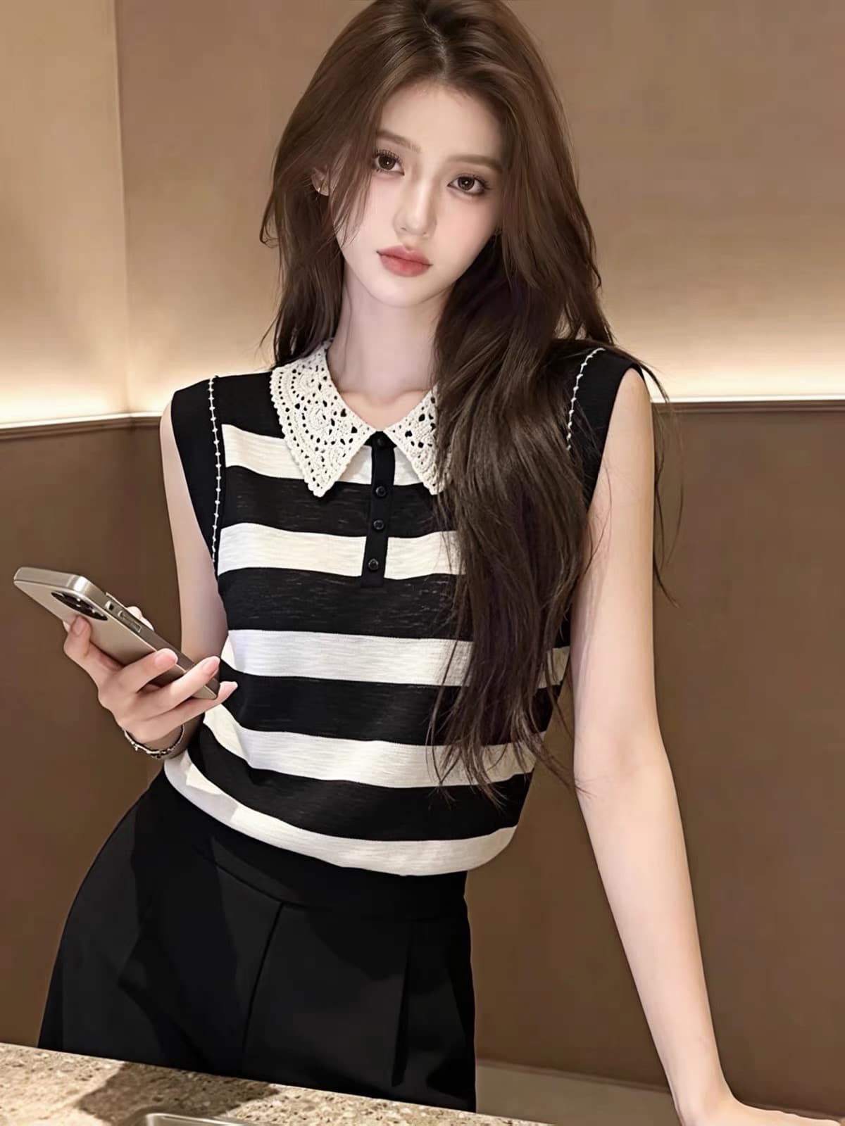 한국 스타일 베이비 칼라 스트라이프 민소매 고급 센스 여성 얇은 스타일 패치워크 색상 기본 셔츠 다용도 연령 감소 맨위 2026 여름 상세 이미지 2