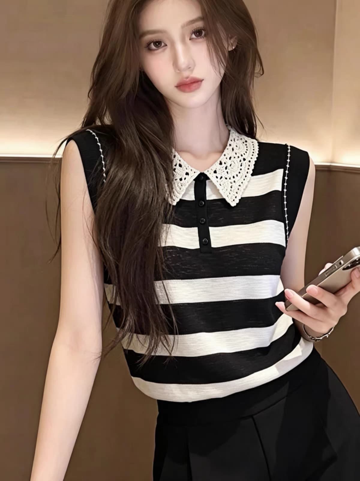 한국 스타일 베이비 칼라 스트라이프 민소매 고급 센스 여성 얇은 스타일 패치워크 색상 기본 셔츠 다용도 연령 감소 맨위 2026 여름 상세 이미지 5