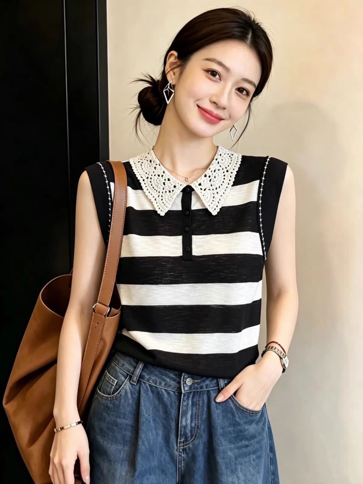 스트라이프 POLO 칼라 니트 스웨터 여자 2026 새로운 여름 고급 센스 슈퍼 잘 생긴 여성 민소매 맨위 조끼 상세 이미지 1