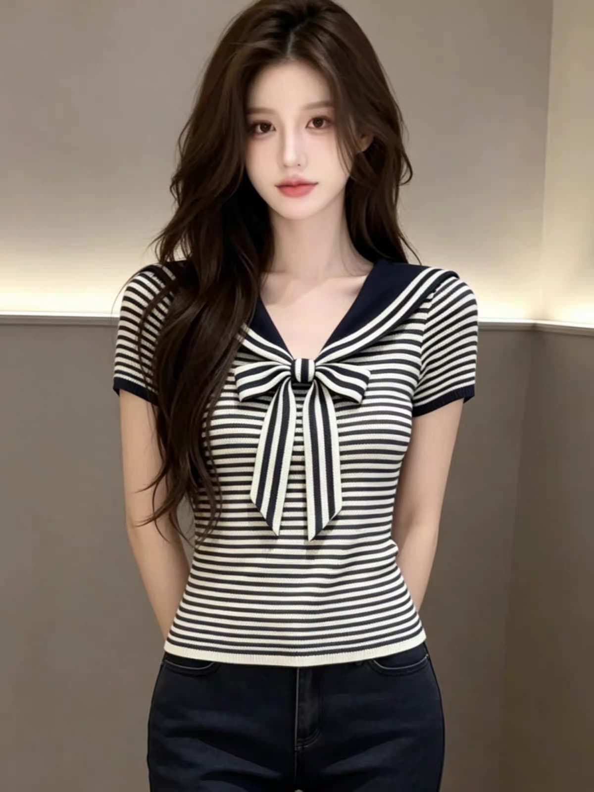 한 부서 배색 스트라이프 해군 칼라 니트 반팔 여성 여름 2026 새로운 얇은 스타일 니트 스웨터 나비 매듭 맨위 상세 이미지 5