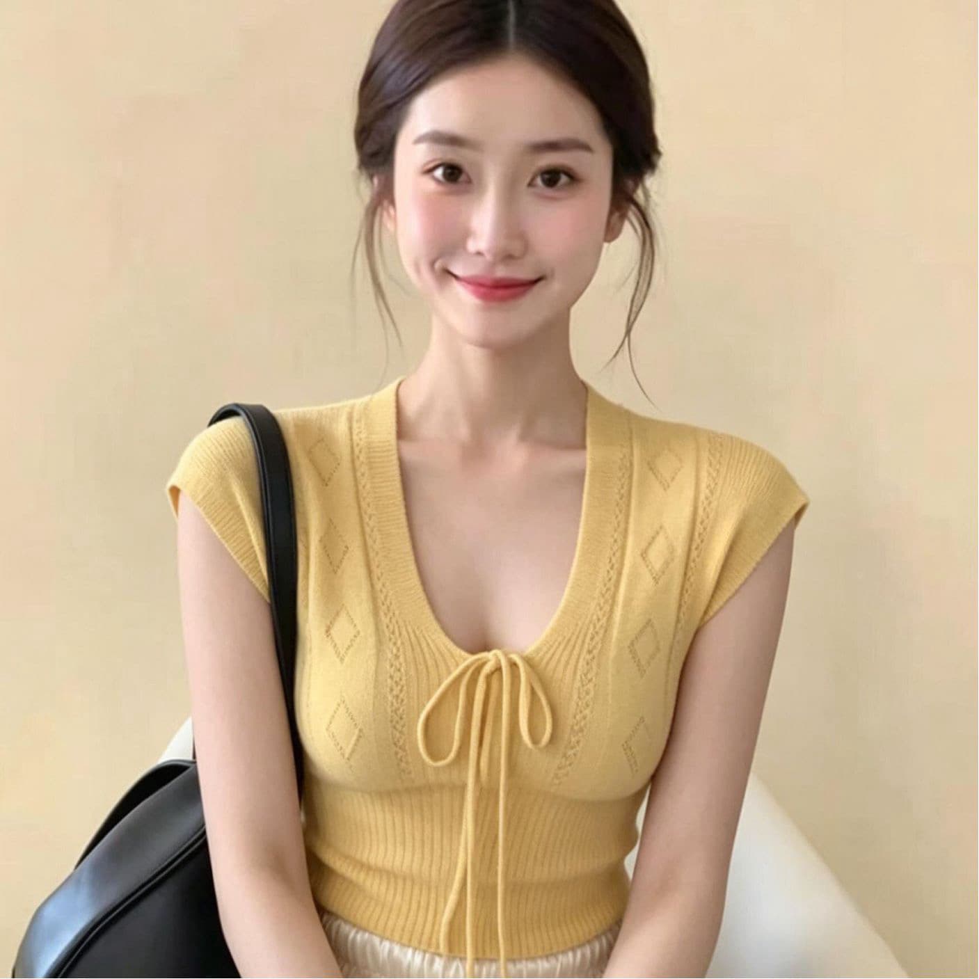 있음 선적 레트로 u 칼라 나비 넥타이 날다 소매 짠 셔츠 여름 이미지 5