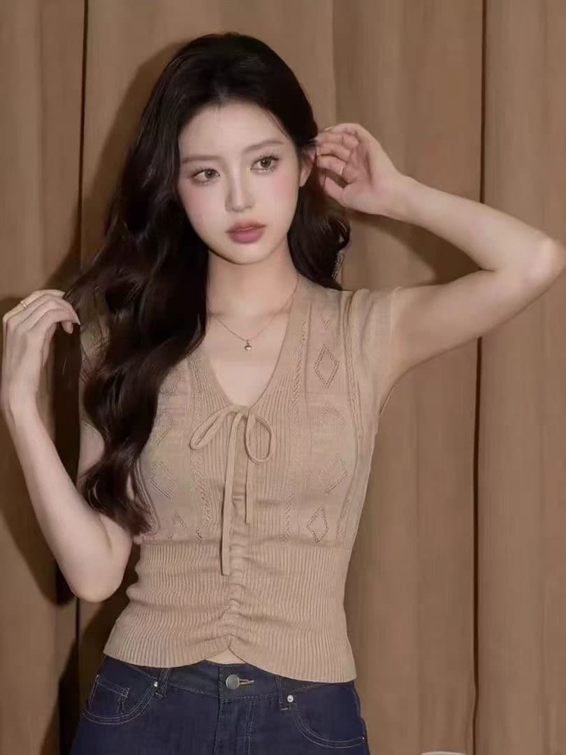 있음 선적 레트로 u 칼라 나비 넥타이 날다 소매 짠 셔츠 여름 상세 이미지 4
