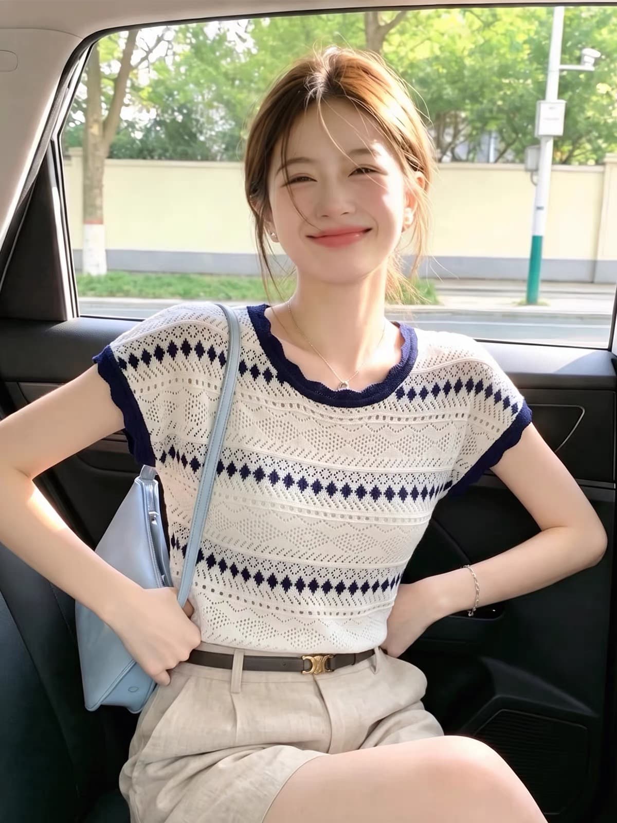 패션 고유 한 디자인 센스 배색 링 그리드 스트라이프 반팔 티셔츠 여성 Chic 그레이트 봐라. 레이스 홀로우 아웃 맨위 여름 상세 이미지 8