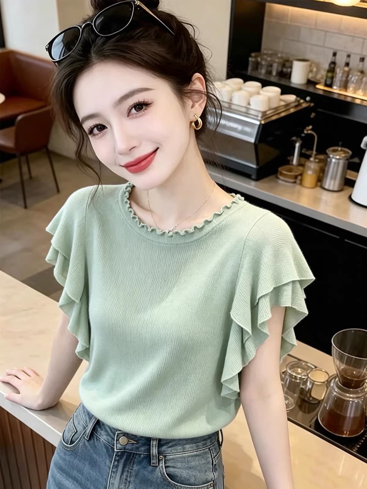 한 부서 순수한 욕망 바람 프릴 Feifei 소매 짠 셔츠 여성 여름 새로운 몸매 가꾸기 슬림해 보이는 품격 디자인 센스 맨위 상세 이미지 1