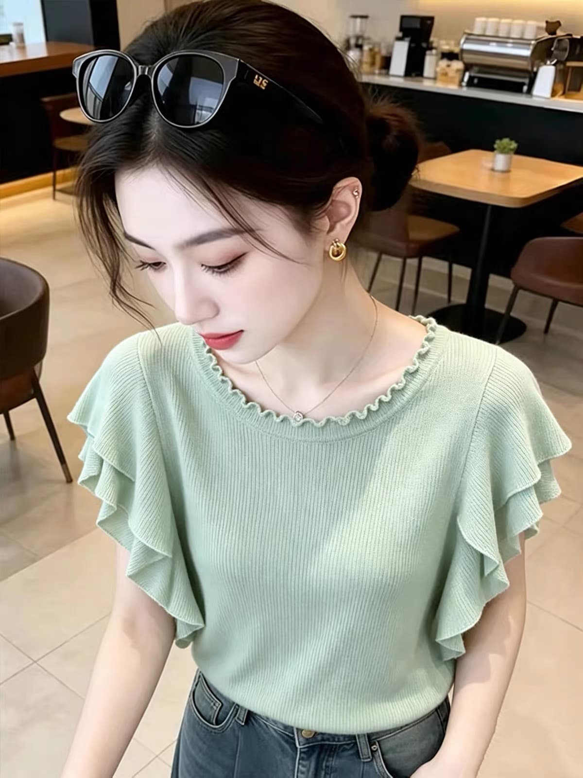 한 부서 순수한 욕망 바람 프릴 Feifei 소매 짠 셔츠 여성 여름 새로운 몸매 가꾸기 슬림해 보이는 품격 디자인 센스 맨위 상세 이미지 2