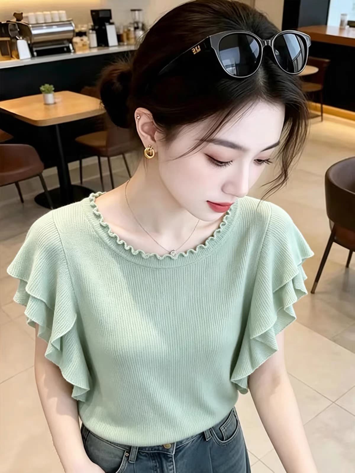 한 부서 순수한 욕망 바람 프릴 Feifei 소매 짠 셔츠 여성 여름 새로운 몸매 가꾸기 슬림해 보이는 품격 디자인 센스 맨위 상세 이미지 4