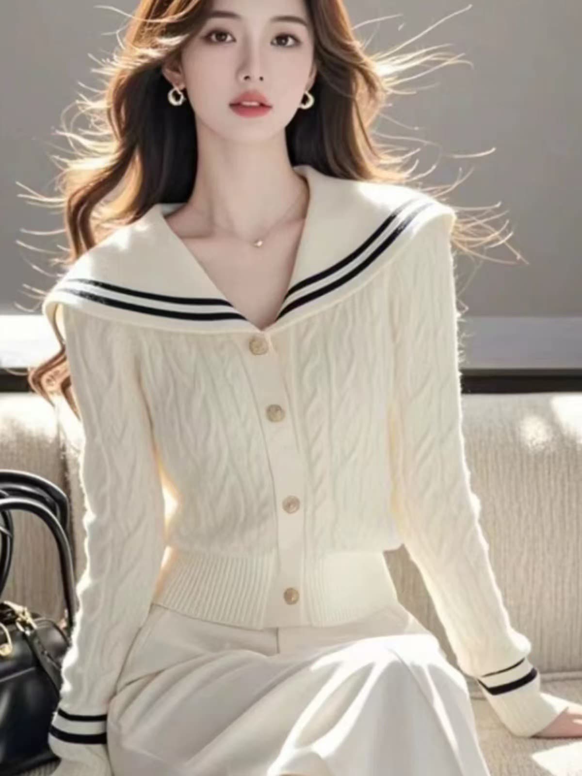 한 인사이드 한 가스 디자인 센스 작은 대중 아니요 명중 섹션 맨위 품격 고급 센스 화이트 해군 칼라 니트 스웨터 여성 겨울 이미지 2