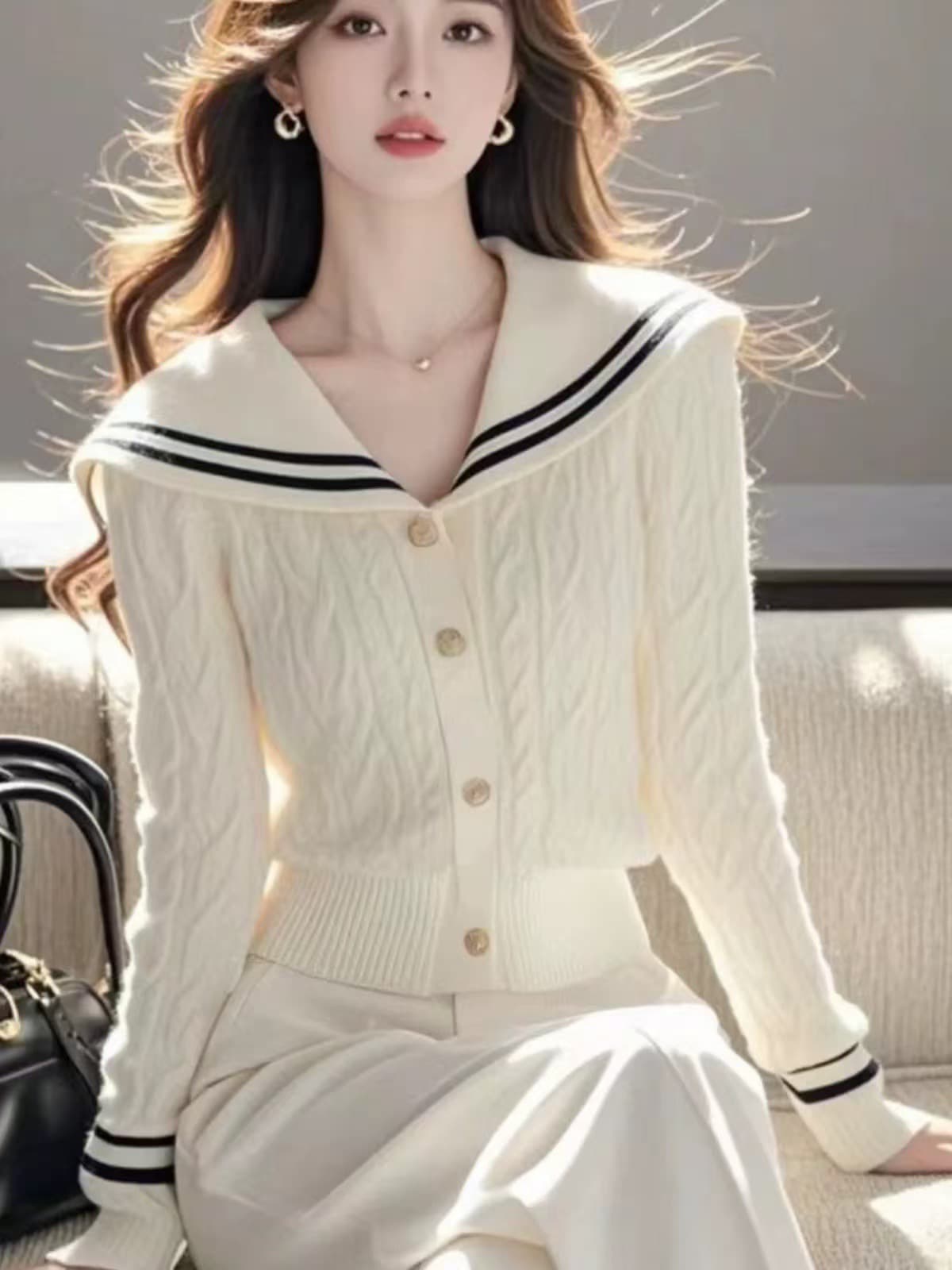 한 인사이드 한 가스 디자인 센스 작은 대중 아니요 명중 섹션 맨위 품격 고급 센스 화이트 해군 칼라 니트 스웨터 여성 겨울 이미지 4