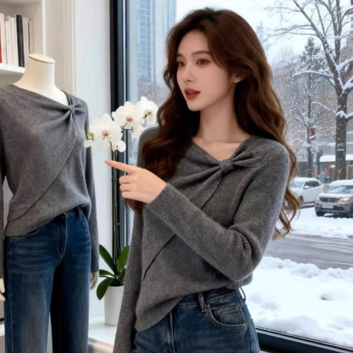 한 부서 가을 겨울 새로운 느긋한 슬림해 보이는 비틀림 비스듬한 V넥 맨위 디자인 센스 출퇴근 레트로 스웨터 니트 스웨터 여성 상세 이미지 5